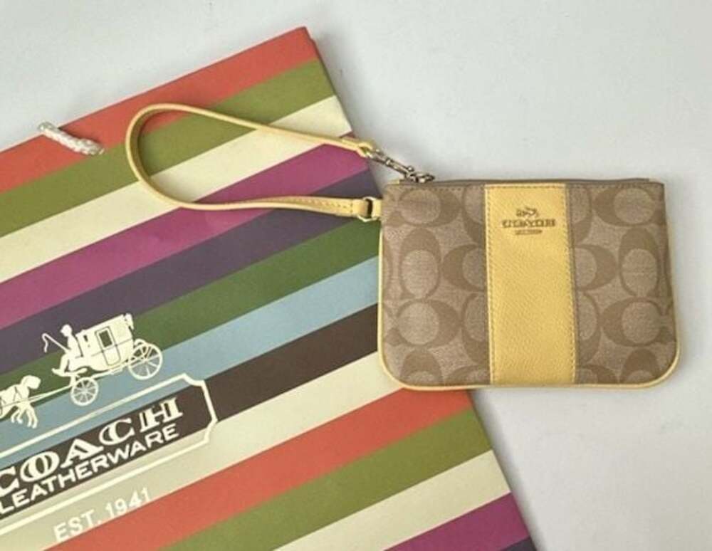 Coach Signature Canvas Corner Zip Wristlet in Khaki and Yellow
